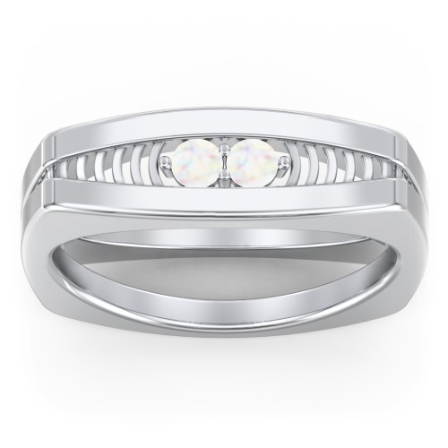 Men’s Squared Ring with Gemstones – Sterling Silver with Opal