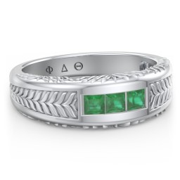Men’s Wheat Pattern Fraternity Ring with Gemstones in 925 Sterling Silver with Emerald