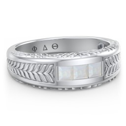 Men’s Wheat Pattern Fraternity Ring with Gemstones in 925 Sterling Silver with Opal