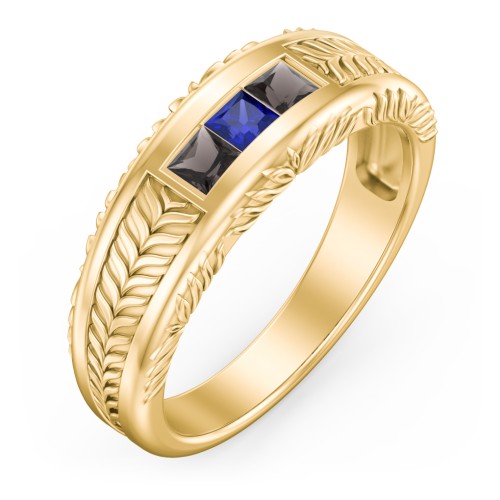 Men’s Wheat Pattern Ring with Princess Cut Gemstones – 10K Yellow Gold with Smokey Quartz and Blue Sapphire