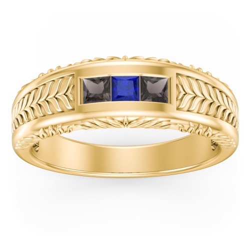 Men’s Wheat Pattern Ring with Princess Cut Gemstones – 10K Yellow Gold with Smokey Quartz and Blue Sapphire