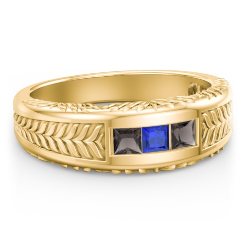 Men’s Wheat Pattern Ring with Princess Cut Gemstones – 10K Yellow Gold with Smokey Quartz and Blue Sapphire