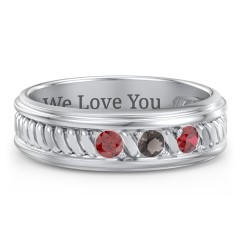 Men’s 3-Stone Ring with Twisted Rope Pattern – Sterling Silver with Garnet and Smokey Quartz