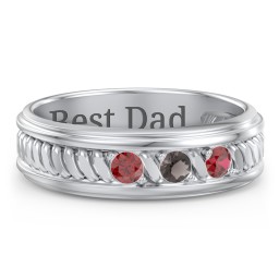 Men’s 3-Stone Ring with Twisted Rope Pattern in 925 Sterling Silver with Garnet and Smokey Quartz