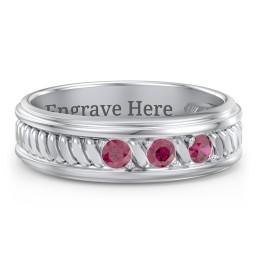 Men’s 3-Stone Ring with Twisted Rope Pattern in 925 Sterling Silver with Ruby