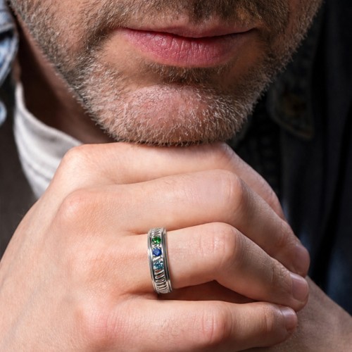 Men’s 3-Stone Ring with Twisted Rope Pattern – Sterling Silver with Garnet and Smokey Quartz