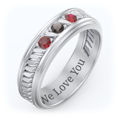 Men’s 3-Stone Ring with Twisted Rope Pattern – Sterling Silver with Garnet and Smokey Quartz