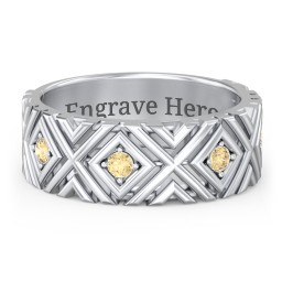 Men’s Grooved Geometric Birthstone Ring in 925 Sterling Silver with Citrine, Cubic Zirconia, and Ruby