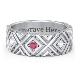 Men’s Grooved Geometric Birthstone Ring in 10K Solid White Gold with Cubic Zirconia and Ruby