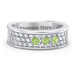 Men’s Diagonal Groove 3-Stone Family Ring in 925 Sterling Silver with Peridot