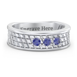 Men’s Diagonal Groove 3-Stone Family Ring in 925 Sterling Silver with Blue Sapphire