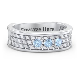 Men’s Diagonal Groove 3-Stone Family Ring in 925 Sterling Silver with Blue Topaz