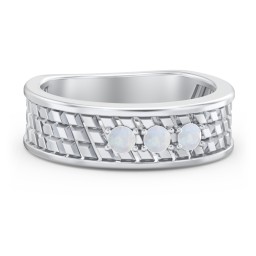 Men’s Diagonal Groove 3-Stone Family Ring in 925 Sterling Silver with Opal