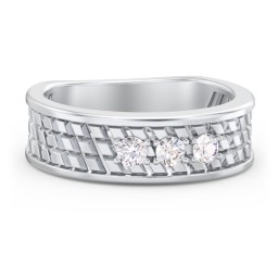 Men’s Diagonal Groove 3-Stone Family Ring in 925 Sterling Silver