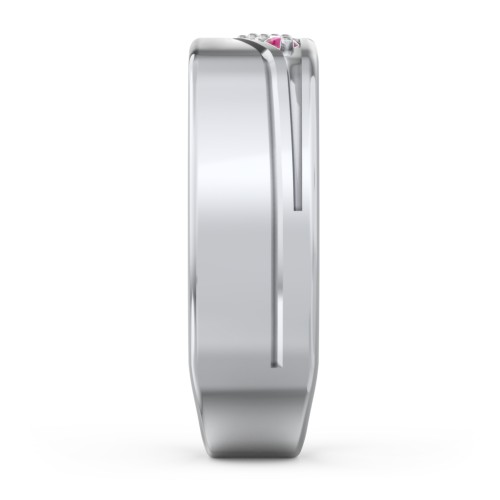 Men’s Flat Top Family Ring with Gemstones – Sterling Silver with Cubic Zirconia and Ruby