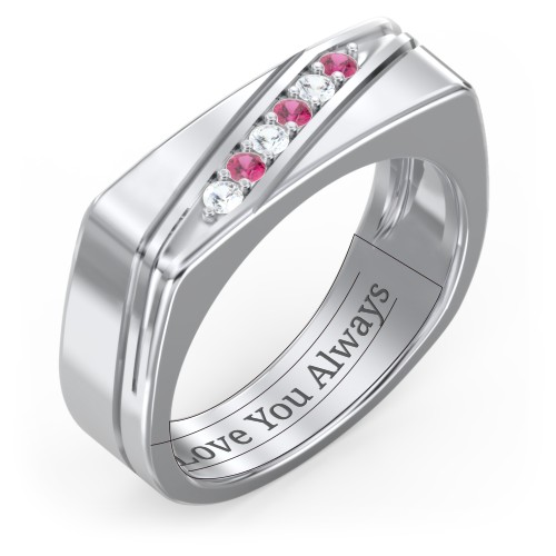Men’s Flat Top Family Ring with Gemstones – 10K White Gold with Cubic Zirconia and Ruby