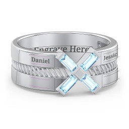 Men’s Engravable “X” Family Ring with Baguette Gemstones