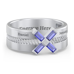 Men’s Engravable “X” Family Ring with Baguette Gemstones