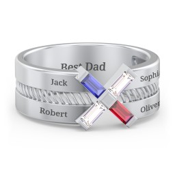 Men’s Engravable “X” Family Ring with Baguette Gemstones in 925 Sterling Silver with Blue Sapphire, Cubic Zirconia, and Garnet
