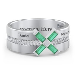 Men’s Engravable “X” Family Ring with Baguette Gemstones in 925 Sterling Silver with Emerald