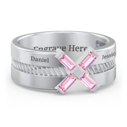 Men’s Engravable “X” Family Ring with Baguette Gemstones in 925 Sterling Silver with Pink Tourmaline