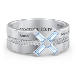 Men’s Engravable “X” Family Ring with Baguette Gemstones in 925 Sterling Silver with Blue Topaz