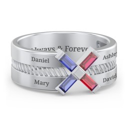 Men’s Engravable “X” Family Ring with Baguette Gemstones in 925 Sterling Silver with Blue Sapphire and Garnet