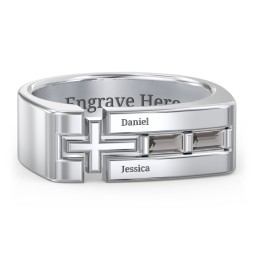 Men’s Squared Cross Ring with Baguette Gemstones in 925 Sterling Silver with Smokey Quartz