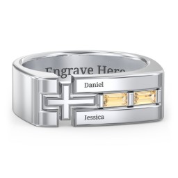 Men’s Squared Cross Ring with Baguette Gemstones in 925 Sterling Silver with Citrine