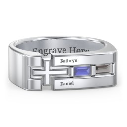 Men’s Squared Cross Ring with Baguette Gemstones in 925 Sterling Silver with Blue Sapphire and Smokey Quartz