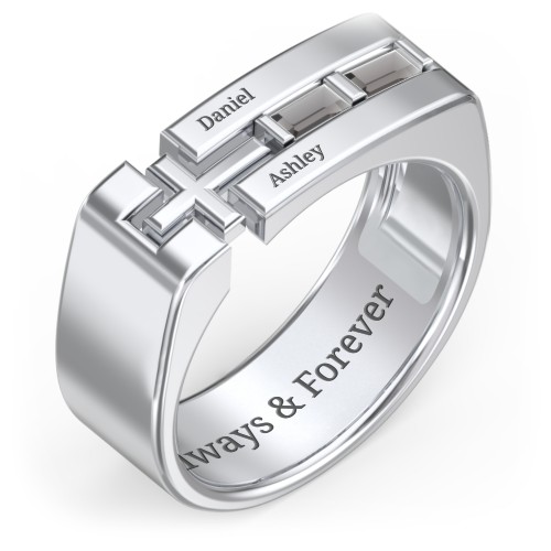 Men’s Squared Cross Ring with Baguette Gemstones – Sterling Silver with Smokey Quartz