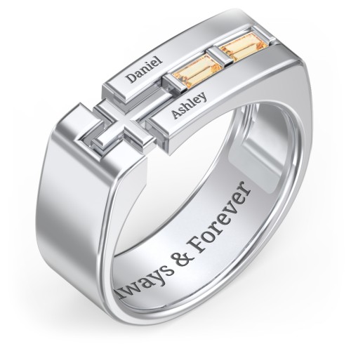 Men’s Squared Cross Ring with Baguette Gemstones – Sterling Silver with Citrine