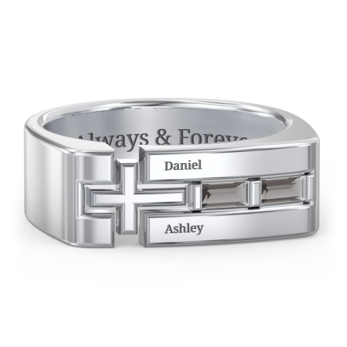 Men’s Squared Cross Ring with Baguette Gemstones – Sterling Silver with Smokey Quartz