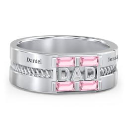 Men’s “Dad” Ring with Baguette Cut Gemstones in 925 Sterling Silver with Pink Tourmaline