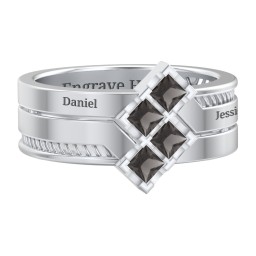 Men’s Family Ring with Princess Cut Stones in 925 Sterling Silver with Smokey Quartz