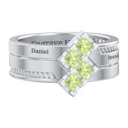 Men’s Family Ring with Princess Cut Stones in 925 Sterling Silver with Peridot