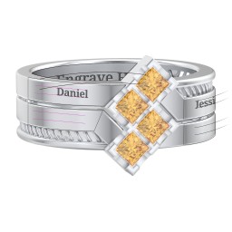 Men’s Family Ring with Princess Cut Stones in 925 Sterling Silver with Citrine