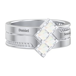Men’s Family Ring with Princess Cut Stones in 925 Sterling Silver with Opal