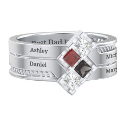 Men’s Family Ring with Princess Cut Stones in 925 Sterling Silver with Cubic Zirconia, Garnet, and Smokey Quartz