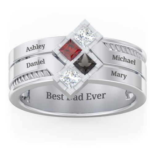 Men’s Family Ring with Princess Cut Stones – Sterling Silver with Cubic Zirconia, Garnet, and Smokey Quartz