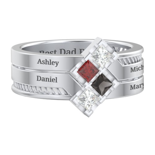 Men’s Family Ring with Princess Cut Stones – Sterling Silver with Cubic Zirconia, Garnet, and Smokey Quartz