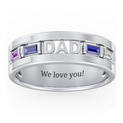 Men’s “Dad” Family Ring with Baguette Birthstones – Sterling Silver with Amethyst, Blue Sapphire, and Cubic Zirconia