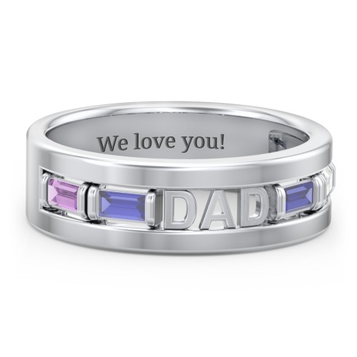 Men’s “Dad” Family Ring with Baguette Birthstones – Sterling Silver with Amethyst, Blue Sapphire, and Cubic Zirconia