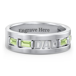 Men’s “Dad” Family Ring with Baguette Birthstones in 925 Sterling Silver with Peridot