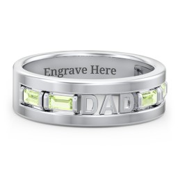 Men’s “Dad” Family Ring with Baguette Birthstones in 925 Sterling Silver with Peridot