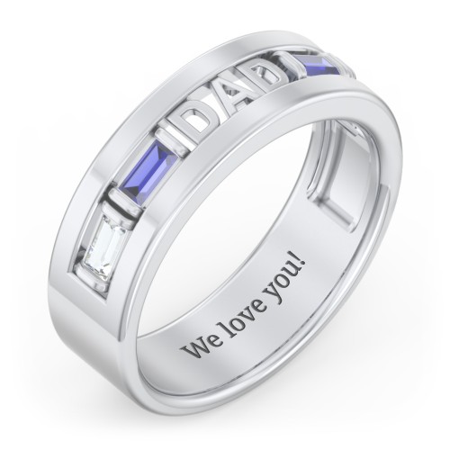 Men’s “Dad” Family Ring with Baguette Birthstones – Sterling Silver with Cubic Zirconia and Blue Sapphire