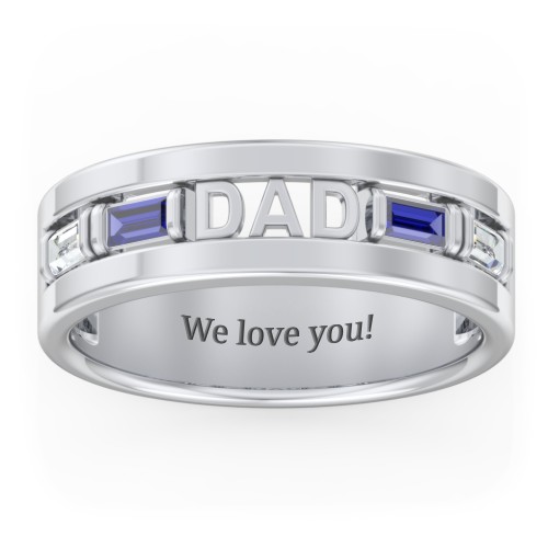Men’s “Dad” Family Ring with Baguette Birthstones – Sterling Silver with Cubic Zirconia and Blue Sapphire