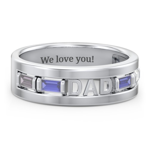 Men’s “Dad” Family Ring with Baguette Birthstones – Sterling Silver with Alexandrite, Blue Sapphire, and Cubic Zirconia