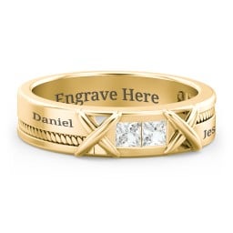 Men's 2-Stone Family Ring with “X” Stitch Detail