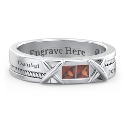 Men's 2-Stone Family Ring with “X” Stitch Detail